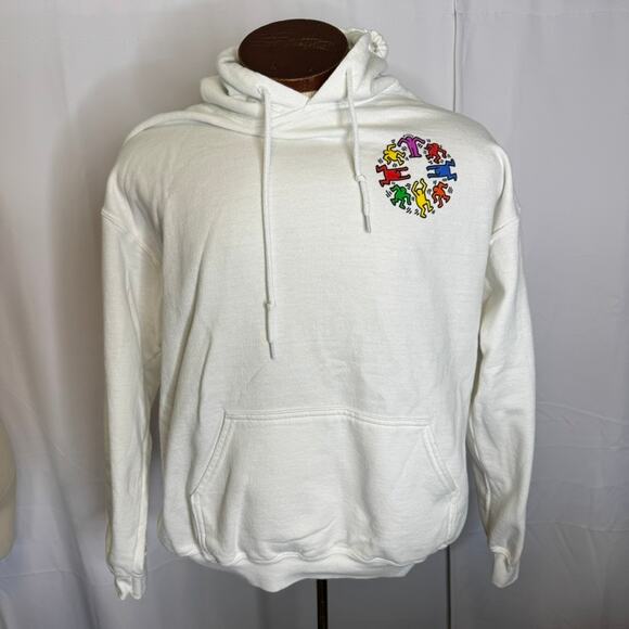 Keith Haring White Hoodie Dancing Figures Graphic Pullover Art Sweatshirt Large - Picture 5 of 10